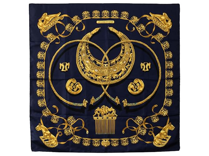 Hermès Hermes Bufanda de seda azul Les Cavaliers d'Or Azul marino Paño  ref.1244413