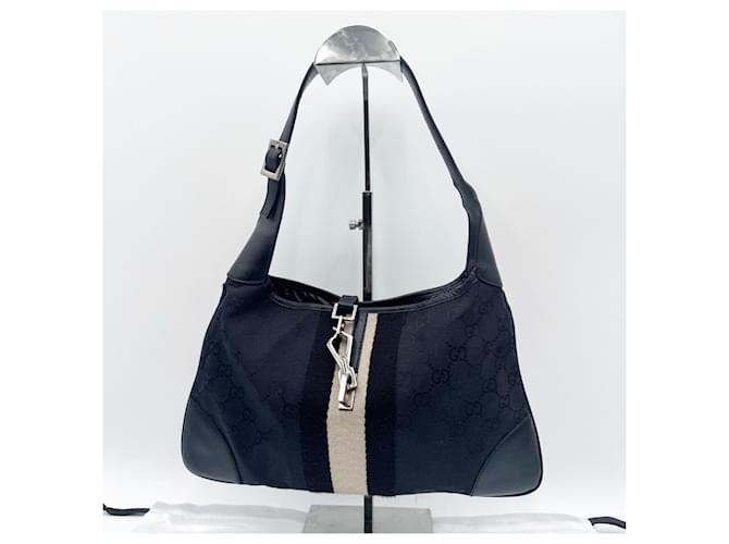 Bolso de hombro Gucci Jackie en lienzo negro y beige con cuero. Azul marino Paño  ref.1244541