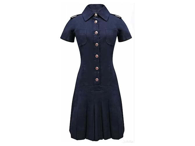 Chanel Robe plissée marine à boutons CC Coton Bleu Marine  ref.1244575