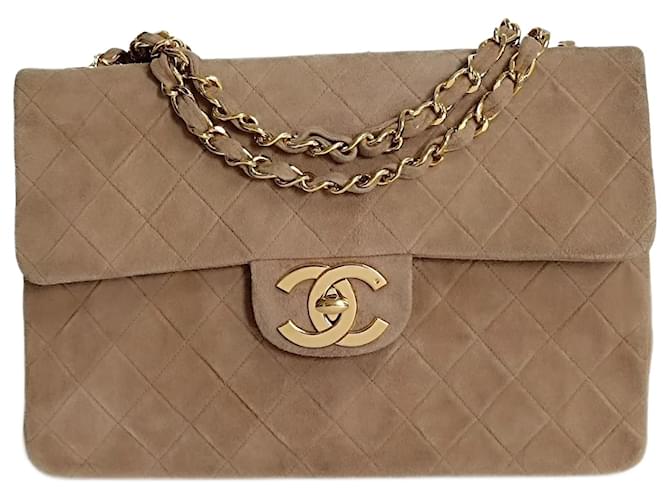 Chanel Chanel Big Matelassè Classic single flap bag in beige suede  ref.1244848