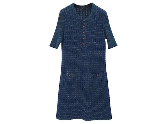 Chanel 17A Blue Polyester Rayon Knit Dress Tweed  ref.1244994
