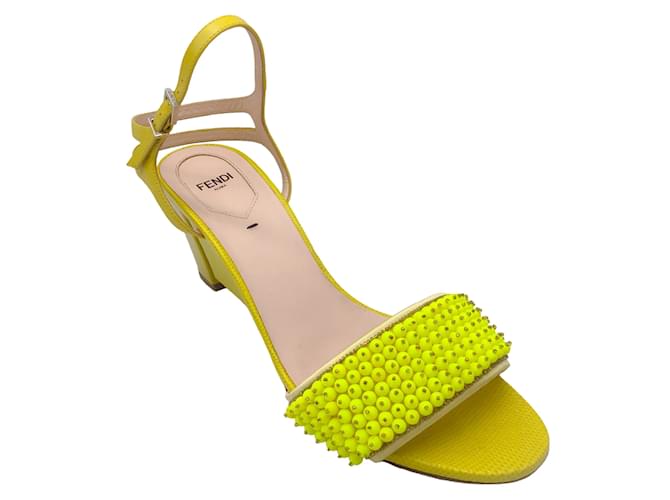 Autre Marque Fendi Yellow Bead Embellished Embossed Leather Wedge Sandals Exotic leather  ref.1245300