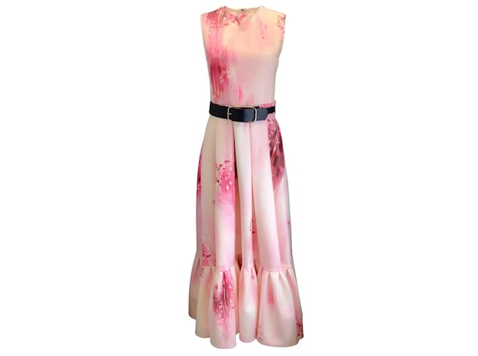 Autre Marque Leo Lin Vestido midi rosa Isabella Flora estampado com cinto e sem mangas Algodão  ref.1245302