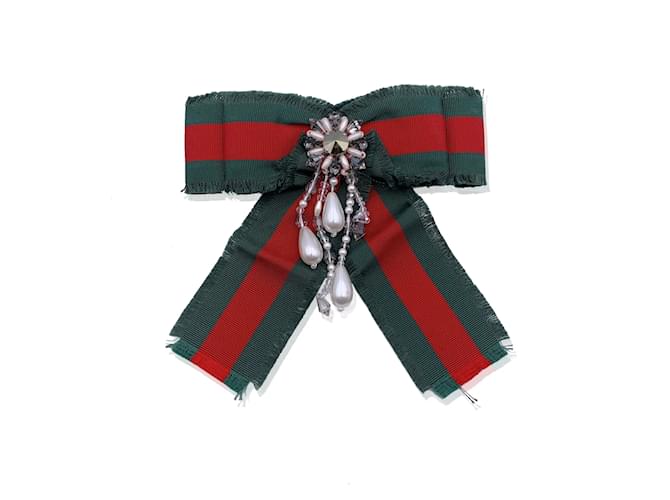 Gucci Red Green Grosgrain Bow Brooch Pin with Pearls and Crystals Multiple colors Cloth  ref.1245421