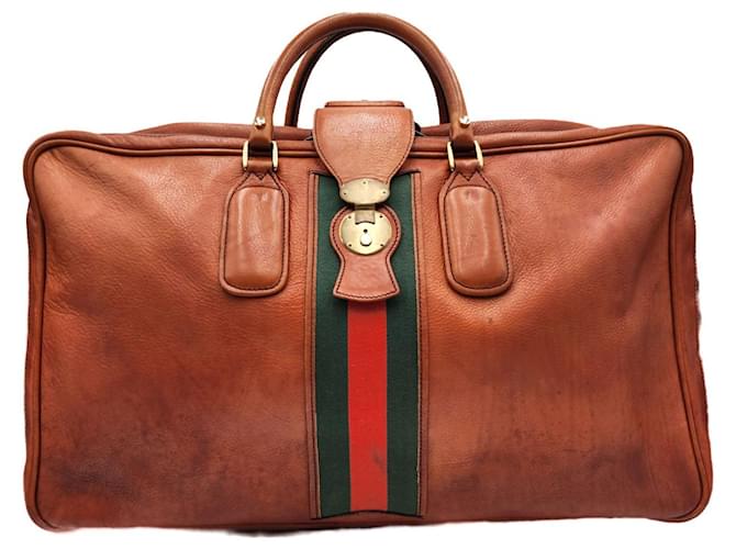 Gucci Cognac Leather Sherry Ophidia Boston Travel Suitcase Bag Brown  ref.1245492