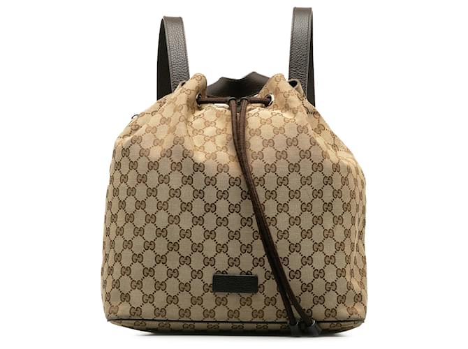 Gucci Brauner GG Canvas-Rucksack mit Kordelzug Beige Leder Leinwand Kalbähnliches Kalb Tuch  ref.1245507