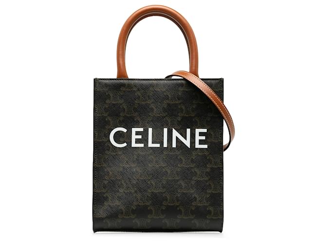 Céline Celine Brown Mini Triomphe Vertical Cabas Braun Dunkelbraun Leder Leinwand Kalbähnliches Kalb Tuch  ref.1245533