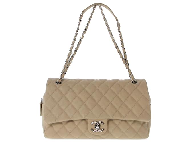 Chanel Brown Jumbo Quilted Caviar Easy Flap Bag Beige Leather  ref.1245552