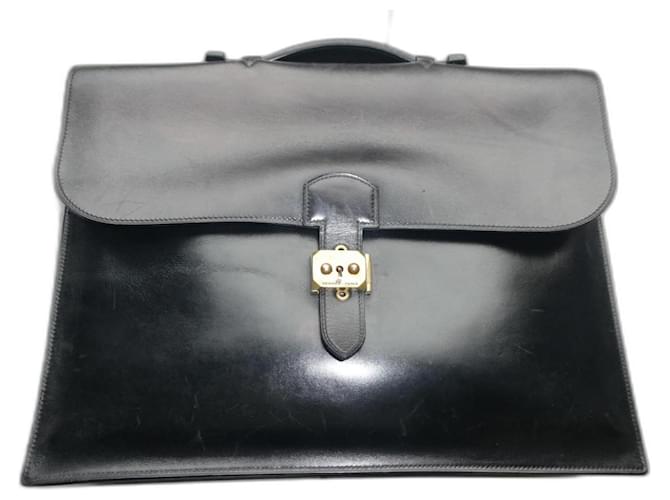 borsa porta documenti vintage di Hermès Nero Pelle  ref.1245592
