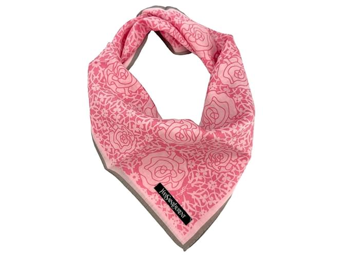 Yves Saint Laurent YSL Bandana Tuch Damen Schal Baumwolle Pink Rosa Grau Flower  ref.1245637