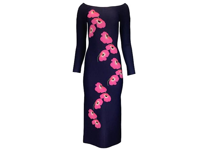 Autre Marque Carolina Herrera Navy Blue / Pink Floral Stretchy Knit Midi Dress Viscose  ref.1246208