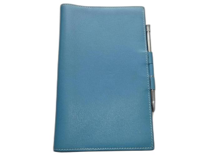 Porta-agenda da Hermès com caneta de prata maciça na caixa. Azul claro Couro  ref.1247183