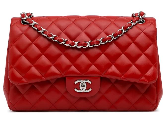 Chanel Red Jumbo Classic Aba forrada de pele de cordeiro Vermelho Couro  ref.1165815