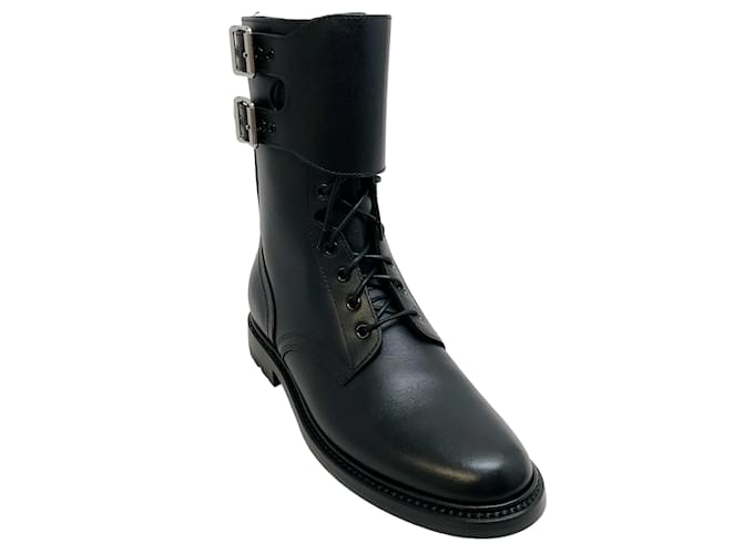 Autre Marque Celine Ranger-Schnürstiefel aus schwarzem Leder mit Schnallenmanschette  ref.1246230