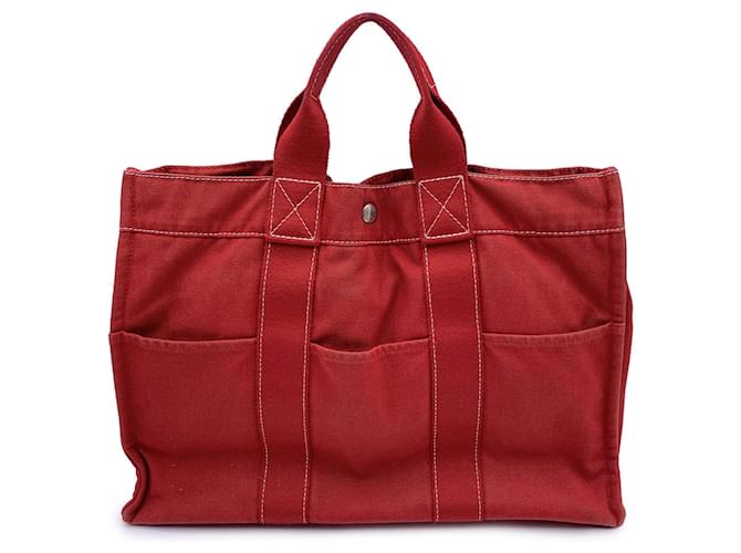 Hermès Hermes Paris Vintage Red Canvas Cotton cabas MM Bag Tote Coton Rouge  ref.1246308