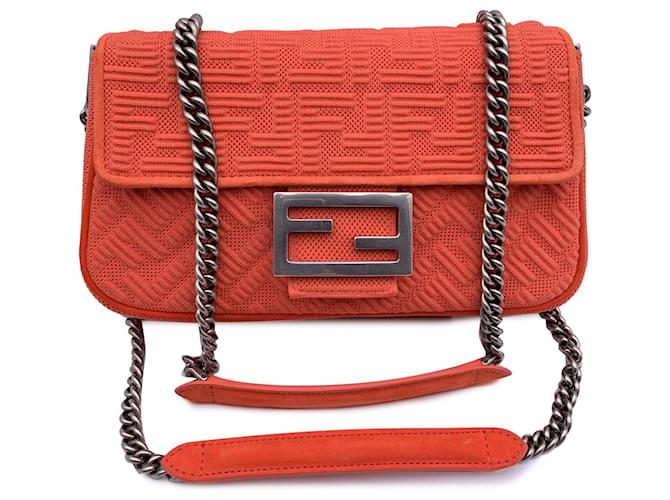 Fendi Orange Embossed FF Logo Baguette Chain Crossbody Bag Cloth  ref.1246309