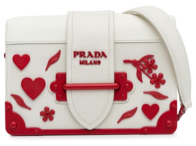 Prada White Saffiano Trimmed City Calf Cahier Flower Heart Bag Leather Pony-style calfskin  ref.1246511