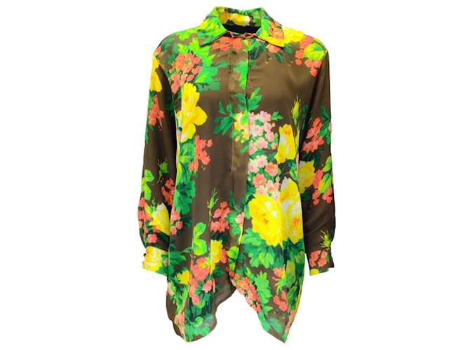Autre Marque Richard Quinn Brown Multi Floral Printed Long Sleeved Button-down Silk Blouse Multiple colors  ref.1246822
