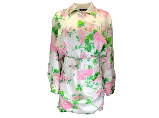 Autre Marque Richard Quinn Blanco / Vestido de seda con botones, manga larga y cinturón con estampado floral multicolor rosa  ref.1246829