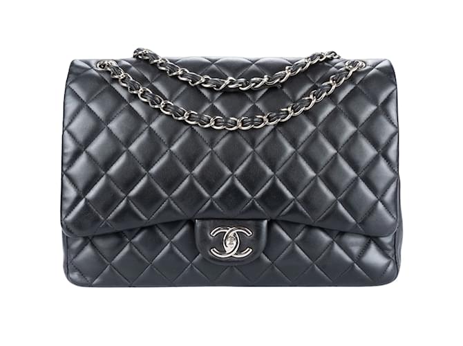 Chanel Quilted Lambskin Silver Hardware Maxi lined Flap Bag Black Cloth  ref.1246839