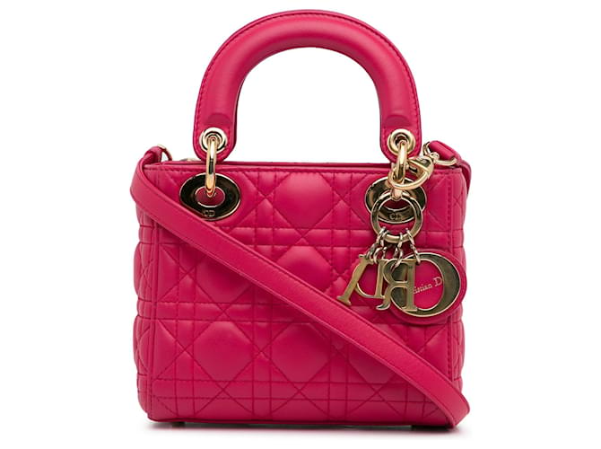 Dior Mini pele de cordeiro rosa Cannage Lady Dior Couro  ref.1247312