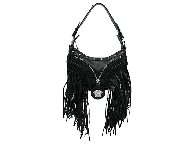 Bolso satchel negro con flecos repetidos de Versace Cuero Becerro  ref.1247316