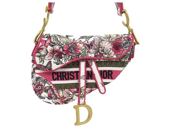 NEUF SAC A MAIN CHRISTIAN DIOR SADDLE TOILE BUTTERFLY PAPILLON EDIT LIMITEE BAG Rose  ref.1247472