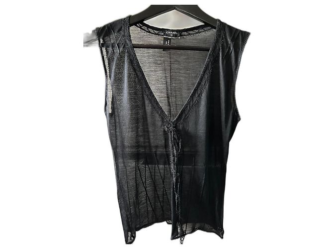 Cambon Camiseta sem mangas Chanel preta de seda com decote em V Preto