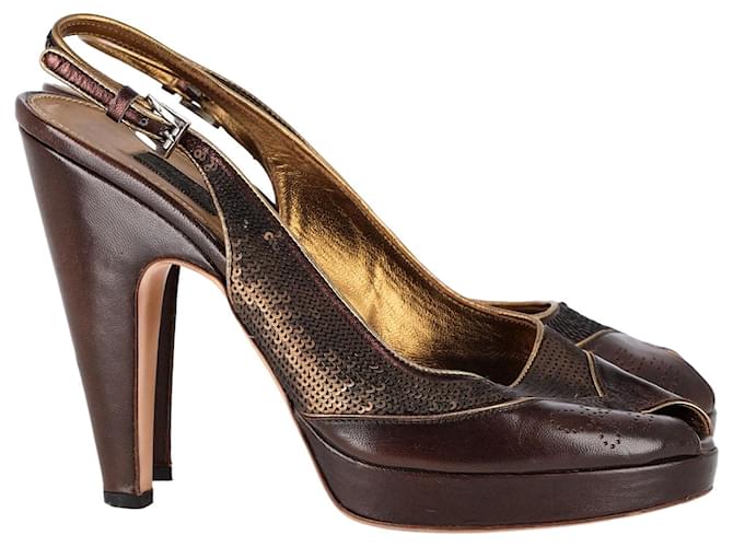 Zapatos de tacón con tira trasera y lentejuelas de Prada Peep Toe en cuero marrón Castaño  ref.1247859