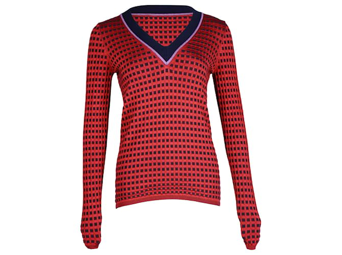 Diane Von Furstenberg V-Neck Check Sweater in Red Viscose Cellulose fibre  ref.1247938