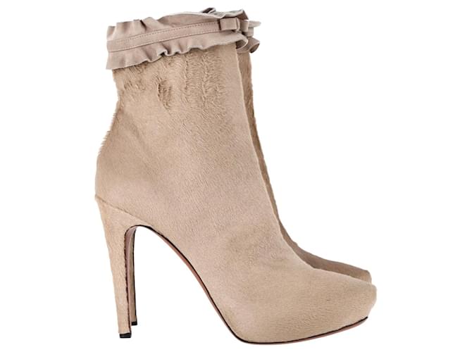 Alaïa Ruffle Trimmed with Bow Ankle Boots in Nude Ponyhair Flesh Wool Pony hair  ref.1247940