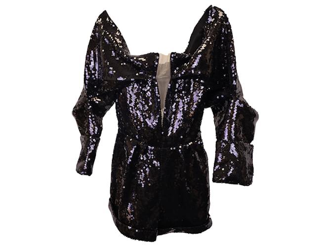Balmain Off-the-Shoulder Sequined Playsuit in Black Polyester  ref.1247945