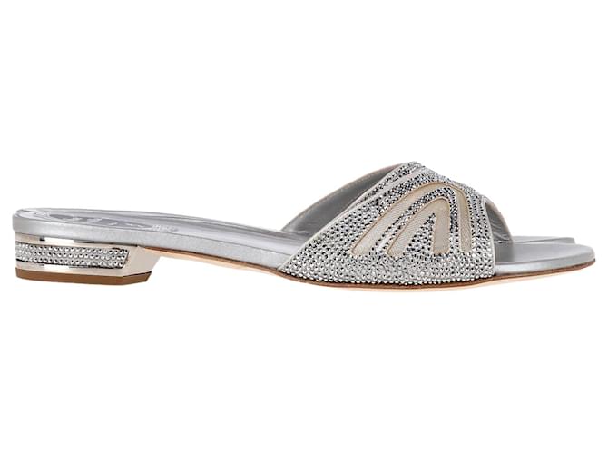 Rene Caovilla Embellished Flats in Silver Leather Silvery  ref.1247953