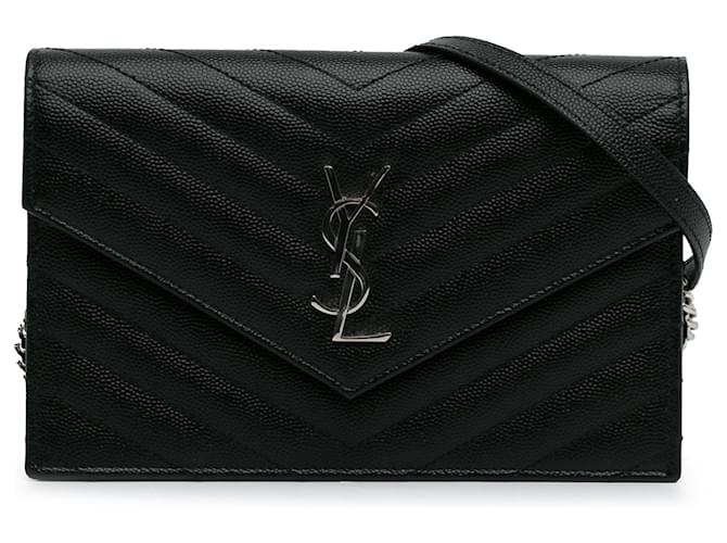 Saint Laurent Black Grained Calfskin Chevron Monogram Wallet on Chain Leather Pony-style calfskin  ref.1248015