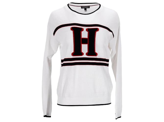 Tommy Hilfiger Womens Graphic Embroidered Knitted Jumper White Viscose Cellulose fibre  ref.1248107