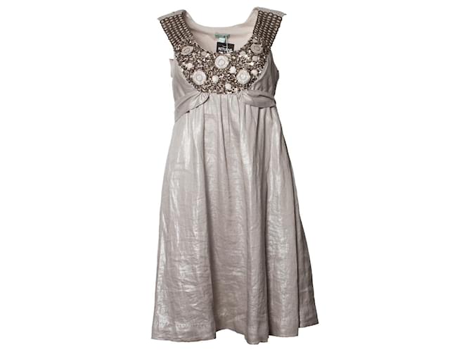 HOSS INTROPIA, Metallic beaded dress with ribbon Silvery Linen  ref.1248983