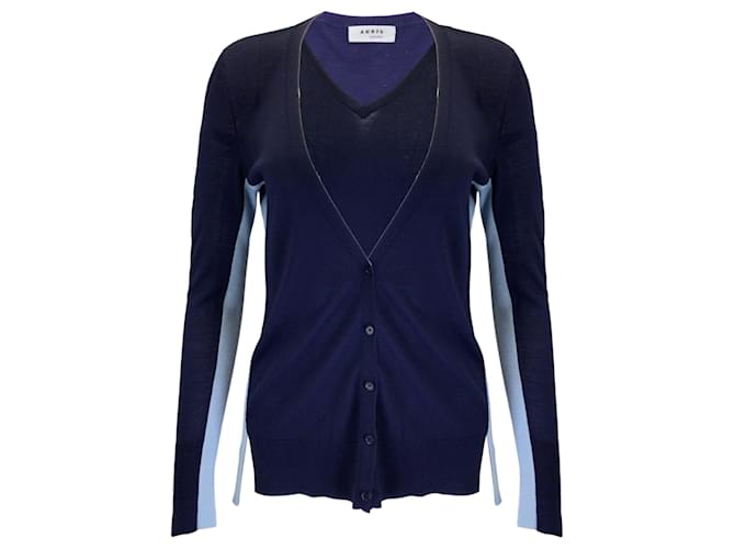 Autre Marque Akris Punto Navy Blue / Light Blue Wool Knit Cardigan Sweater and Tank Top Two-Piece Set  ref.1249098