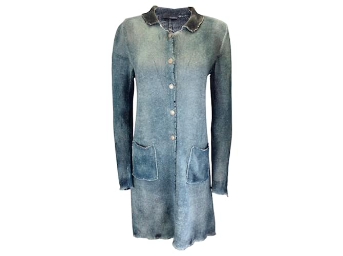 Autre Marque Avant Toi Teal Long Sleeved Button-front Linen Knit Long Cardigan Sweater Blue  ref.1249102
