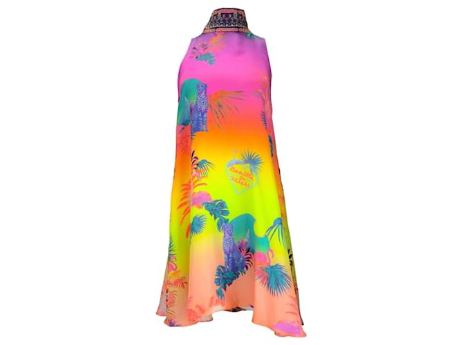 Autre Marque Camilla Multicolored Embellished Tie-Neck Palm Print Silk Short Dress Multiple colors  ref.1249103