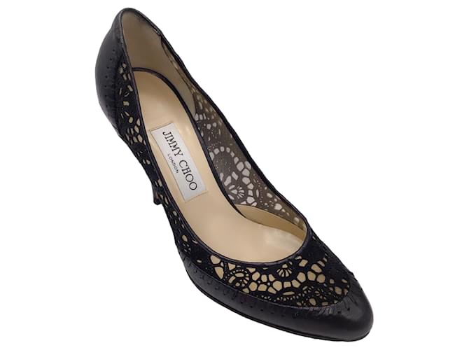 Jimmy Choo Black / Beige Mesh Tulle Embroidered Lace and Leather Pumps  ref.1249105