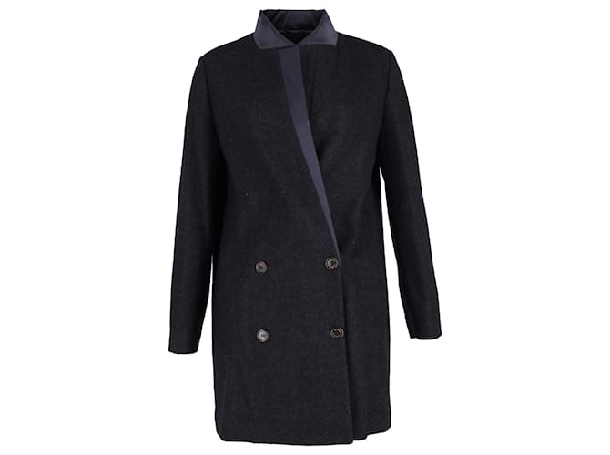 Brunello Cucinelli Double-Breasted Coat with Satin Collar in Navy Blue Wool Cashmere  ref.1249590