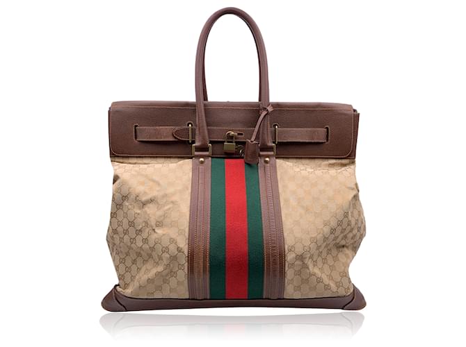 Gucci Beige Monogram Canvas Weekender Travel Bag with Stripes Cloth  ref.1249660