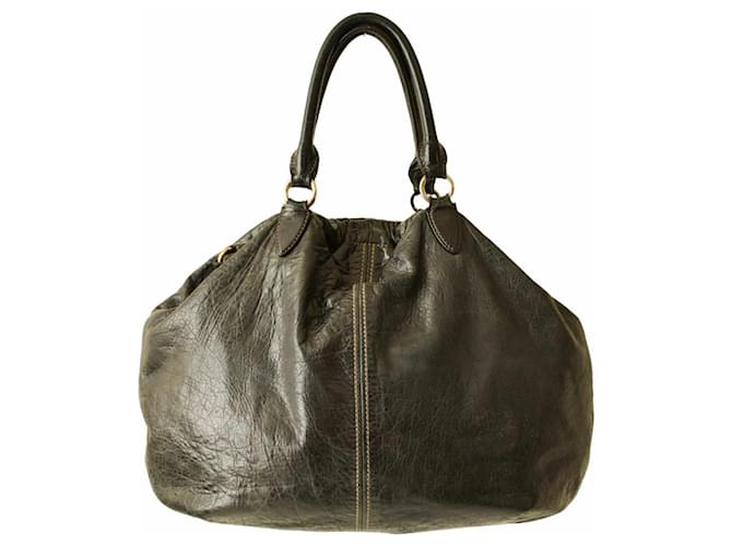 Grand cartable Miu Miu en cuir noir avec double poignée supérieure, sac de shopping cousu.  ref.1250119