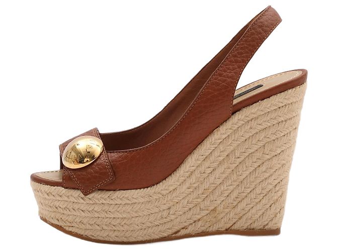 Louis Vuitton Sandales compensées en cuir marron à plateforme Espadrille Slingback Taille 37