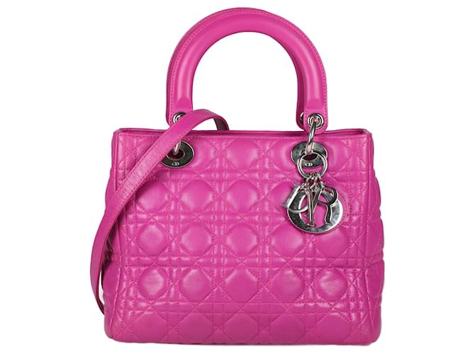 CHRISTIAN DIOR Lambskin Cannage Medium Lady Dior in Fuchsia Pink Leather  ref.1250509