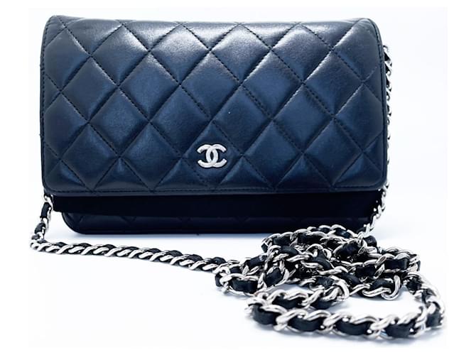 Wallet On Chain Chanel Geldbörse mit Kette (WOC) Schwarz Leder  ref.1251247