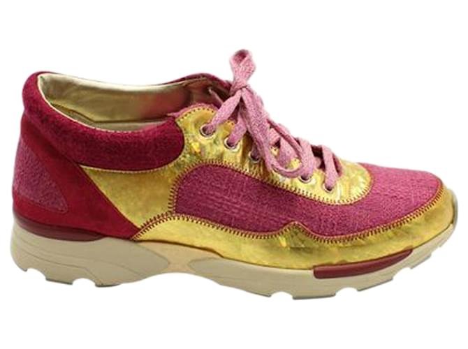 Chanel Tênis de tweed rosa dourado e fushia Couro  ref.1251390