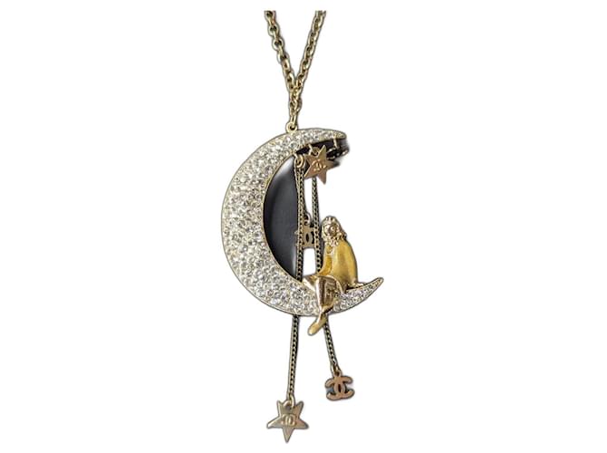Chanel Rare CC 08P CoCo on the Moon GHW Crystal Logo Necklace Box tag Golden Metal  ref.1251751