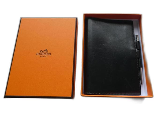 Hermès agenda cover with solid silver stylus and box Black Leather  ref.1252184
