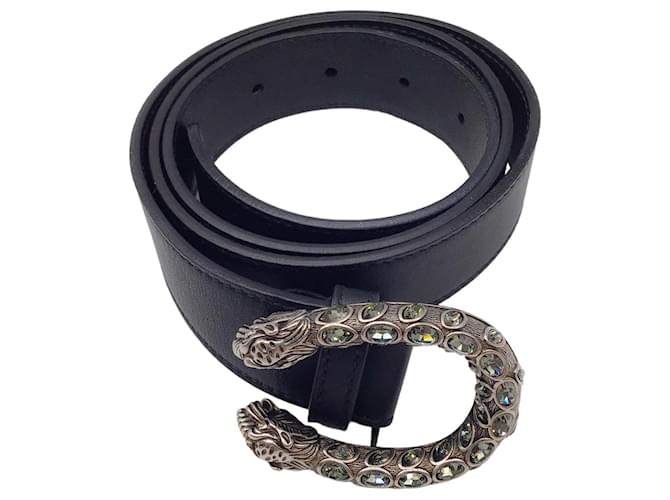 Autre Marque Cinturón de cuero Dionysus con hebilla de metal y adornos de cristal negro de Gucci  ref.1252310